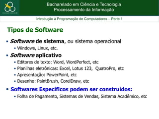 Bacharelado em Ciência e Tecnologia
Processamento da Informação
Introdução à Programação de Computadores – Parte 1
• Software de sistema, ou sistema operacional
• Windows, Linux, etc.
• Software aplicativo
• Editores de texto: Word, WordPerfect, etc
• Planilhas eletrônicas: Excel, Lotus 123, QuatroPro, etc
• Apresentação: PowerPoint, etc
• Desenho: PaintBrush, CorelDraw, etc
• Softwares Específicos podem ser construídos:
• Folha de Pagamento, Sistemas de Vendas, Sistema Acadêmico, etc
Tipos de Software
 