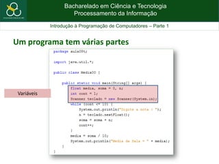 Bacharelado em Ciência e Tecnologia
Processamento da Informação
Introdução à Programação de Computadores – Parte 1
Um programa tem várias partes
Variáveis
 