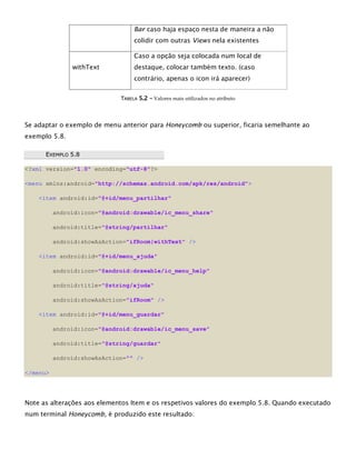 Bar caso haja espaço nesta de maneira a não
colidir com outras Views nela existentes
withText
Caso a opção seja colocada num local de
destaque, colocar também texto. (caso
contrário, apenas o icon irá aparecer)
TTAABBEELLAA 55..22 –– Valores mais utilizados no atributo
Se adaptar o exemplo de menu anterior para Honeycomb ou superior, ficaria semelhante ao
exemplo 5.8.
EEXXEEMMPPLLOO 55..88
<?xml version="1.0" encoding="utf-8"?>
<menu xmlns:android="http://schemas.android.com/apk/res/android">
<item android:id="@+id/menu_partilhar"
android:icon="@android:drawable/ic_menu_share"
android:title="@string/partilhar"
android:showAsAction="ifRoom|withText" />
<item android:id="@+id/menu_ajuda"
android:icon="@android:drawable/ic_menu_help"
android:title="@string/ajuda"
android:showAsAction="ifRoom" />
<item android:id="@+id/menu_guardar"
android:icon="@android:drawable/ic_menu_save"
android:title="@string/guardar"
android:showAsAction="" />
</menu>
Note as alterações aos elementos Item e os respetivos valores do exemplo 5.8. Quando executado
num terminal Honeycomb, é produzido este resultado:
 