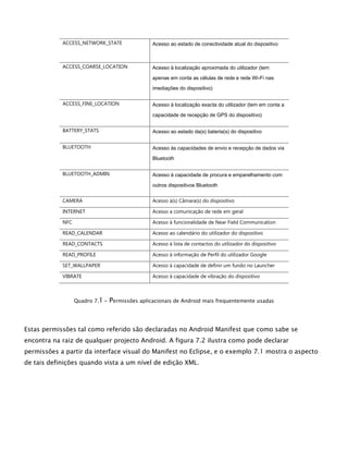 ACCESS_NETWORK_STATE Acesso ao estado de conectividade atual do dispositivo
ACCESS_COARSE_LOCATION Acesso à localização aproximada do utilizador (tem
apenas em conta as células de rede e rede Wi-Fi nas
imediações do dispositivo)
ACCESS_FINE_LOCATION Acesso à localização exacta do utilizador (tem em conta a
capacidade de recepção de GPS do dispositivo)
BATTERY_STATS Acesso ao estado da(s) bateria(s) do dispositivo
BLUETOOTH Acesso às capacidades de envio e recepção de dados via
Bluetooth
BLUETOOTH_ADMIN Acesso à capacidade de procura e emparelhamento com
outros dispositivos Bluetooth
CAMERA Acesso à(s) Câmara(s) do dispositivo
INTERNET Acesso a comunicação de rede em geral
NFC Acesso à funcionalidade de Near Field Communication
READ_CALENDAR Acesso ao calendário do utilizador do dispositivo
READ_CONTACTS Acesso à lista de contactos do utilizador do dispositivo
READ_PROFILE Acesso à informação de Perfil do utilizador Google
SET_WALLPAPER Acesso à capacidade de definir um fundo no Launcher
VIBRATE Acesso à capacidade de vibração do dispositivo
Quadro 7.1 –– Permissões aplicacionais de Android mais frequentemente usadas
Estas permissões tal como referido são declaradas no Android Manifest que como sabe se
encontra na raiz de qualquer projecto Android. A figura 7.2 ilustra como pode declarar
permissões a partir da interface visual do Manifest no Eclipse, e o exemplo 7.1 mostra o aspecto
de tais definições quando vista a um nível de edição XML.
 