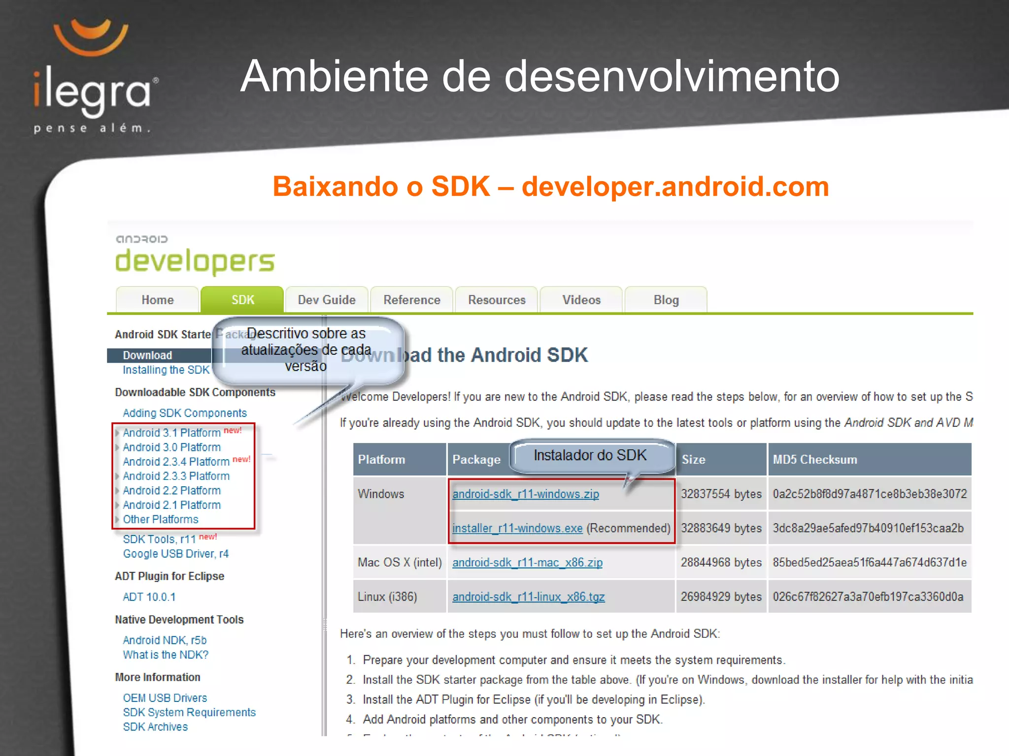 Baixando o SDK – developer.android.com
Ambiente de desenvolvimento
 