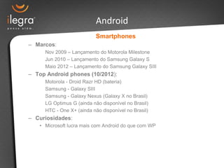 Smartphones
– Marcos:
Nov 2009 – Lançamento do Motorola Milestone
Jun 2010 – Lançamento do Samsung Galaxy S
Maio 2012 – Lançamento do Samsung Galaxy SIII
– Top Android phones (10/2012):
Motorola - Droid Razr HD (bateria)
Samsung - Galaxy SIII
Samsung - Galaxy Nexus (Galaxy X no Brasil)
LG Optimus G (ainda não disponível no Brasil)
HTC - One X+ (ainda não disponível no Brasil)
– Curiosidades:
• Microsoft lucra mais com Android do que com WP
Android
 