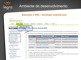 Baixando o SDK – developer.android.com
Ambiente de desenvolvimento
 