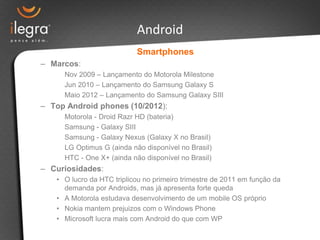 Android
                           Smartphones
– Marcos:
     Nov 2009 – Lançamento do Motorola Milestone
     Jun 2010 – Lançamento do Samsung Galaxy S
     Maio 2012 – Lançamento do Samsung Galaxy SIII
– Top Android phones (10/2012):
     Motorola - Droid Razr HD (bateria)
     Samsung - Galaxy SIII
     Samsung - Galaxy Nexus (Galaxy X no Brasil)
     LG Optimus G (ainda não disponível no Brasil)
     HTC - One X+ (ainda não disponível no Brasil)
– Curiosidades:
   • O lucro da HTC triplicou no primeiro trimestre de 2011 em função da
     demanda por Androids, mas já apresenta forte queda
   • A Motorola estudava desenvolvimento de um mobile OS próprio
   • Nokia mantem prejuizos com o Windows Phone
   • Microsoft lucra mais com Android do que com WP
 