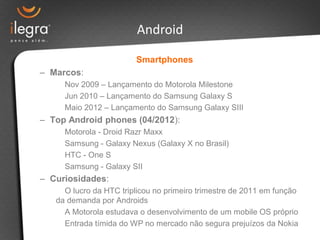 Android

                        Smartphones
– Marcos:
     Nov 2009 – Lançamento do Motorola Milestone
     Jun 2010 – Lançamento do Samsung Galaxy S
     Maio 2012 – Lançamento do Samsung Galaxy SIII
– Top Android phones (04/2012):
     Motorola - Droid Razr Maxx
     Samsung - Galaxy Nexus (Galaxy X no Brasil)
     HTC - One S
     Samsung - Galaxy SII
– Curiosidades:
     O lucro da HTC triplicou no primeiro trimestre de 2011 em função
   da demanda por Androids
     A Motorola estudava o desenvolvimento de um mobile OS próprio
     Entrada tímida do WP no mercado não segura prejuízos da Nokia
 