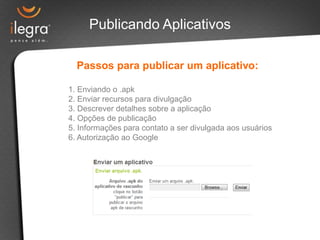Publicando Aplicativos

  Passos para publicar um aplicativo:

1. Enviando o .apk
2. Enviar recursos para divulgação
3. Descrever detalhes sobre a aplicação
4. Opções de publicação
5. Informações para contato a ser divulgada aos usuários
6. Autorização ao Google
 