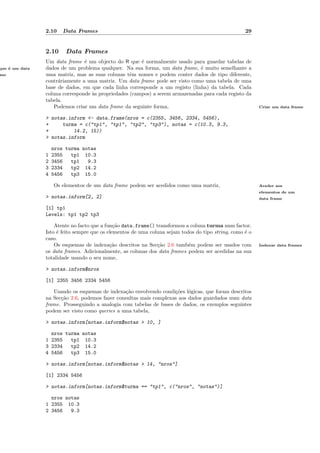 2.10    Data Frames                                                                 29


                2.10     Data Frames
                Um data frame ´ um objecto do R que ´ normalmente usado para guardar tabelas de
                                e                      e
que ´ um data
    e           dados de um problema qualquer. Na sua forma, um data frame, ´ muito semelhante a
                                                                              e
me              uma matriz, mas as suas colunas tˆm nomes e podem conter dados de tipo diferente,
                                                   e
                contr´riamente a uma matriz. Um data frame pode ser visto como uma tabela de uma
                     a
                base de dados, em que cada linha corresponde a um registo (linha) da tabela. Cada
                coluna corresponde `s propriedades (campos) a serem armazenadas para cada registo da
                                   a
                tabela.
                    Podemos criar um data frame da seguinte forma,                                        Criar um data frame


                > notas.inform <- data.frame(nros = c(2355, 3456, 2334, 5456),
                +     turma = c("tp1", "tp1", "tp2", "tp3"), notas = c(10.3, 9.3,
                +         14.2, 15))
                > notas.inform

                    nros turma notas
                1   2355   tp1 10.3
                2   3456   tp1   9.3
                3   2334   tp2 14.2
                4   5456   tp3 15.0

                    Os elementos de um data frame podem ser acedidos como uma matriz,                     Aceder aos
                                                                                                          elementos de um
                > notas.inform[2, 2]                                                                      data frame

                [1] tp1
                Levels: tp1 tp2 tp3

                    Atente no facto que a fun¸˜o data.frame() transformou a coluna turma num factor.
                                              ca
                Isto ´ feito sempre que os elementos de uma coluna sejam todos do tipo string, como ´ o
                     e                                                                              e
                caso.
                    Os esquemas de indexa¸˜o descritos na Sec¸˜o 2.6 tamb´m podem ser usados com
                                            ca                 ca           e                             Indexar data frames
                os data frames. Adicionalmente, as colunas dos data frames podem ser acedidas na sua
                totalidade usando o seu nome,

                > notas.inform$nros

                [1] 2355 3456 2334 5456

                   Usando os esquemas de indexa¸˜o envolvendo condi¸˜es l´gicas, que foram descritos
                                                 ca                 co o
                na Sec¸˜o 2.6, podemos fazer consultas mais complexas aos dados guardados num data
                      ca
                frame. Prosseguindo a analogia com tabelas de bases de dados, os exemplos seguintes
                podem ser visto como queries a uma tabela,

                > notas.inform[notas.inform$notas > 10, ]

                  nros turma notas
                1 2355   tp1 10.3
                3 2334   tp2 14.2
                4 5456   tp3 15.0

                > notas.inform[notas.inform$notas > 14, "nros"]

                [1] 2334 5456

                > notas.inform[notas.inform$turma == "tp1", c("nros", "notas")]

                  nros notas
                1 2355 10.3
                2 3456   9.3
 
