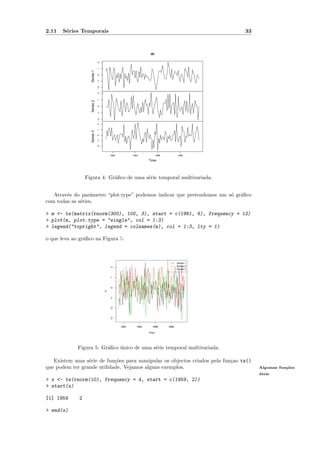 2.11   S´ries Temporais
        e                                                                                       33



                                                                 m




                               2
                               1
                    Series 1
                               0
                               −1
                               −2
                               2
                               1
                    Series 2
                               0
                               −1
                               −2
                               2
                               1
                    Series 3
                               0
                               −1
                               −2




                                        1962          1964             1966          1968

                                                                Time




                  Figura 4: Gr´ﬁco de uma s´rie temporal multivariada.
                              a            e


   Atrav´s do parˆmetro “plot.type” podemos indicar que pretendemos um s´ gr´ﬁco
        e          a                                                    o a
com todas as s´ries,
              e

> m <- ts(matrix(rnorm(300), 100, 3), start = c(1961, 6), frequency = 12)
> plot(m, plot.type = "single", col = 1:3)
> legend("topright", legend = colnames(m), col = 1:3, lty = 1)

o que leva ao gr´ﬁco na Figura 5.
                a



                                                                                     Series 1
                                                                                     Series 2
                                        2




                                                                                     Series 3
                                        1
                                        0
                                    m

                                        −1
                                        −2
                                        −3




                                               1962      1964     1966        1968

                                                                Time




             Figura 5: Gr´ﬁco unico de uma s´rie temporal multivariada.
                         a    ´             e

   Existem uma s´rie de fun¸˜es para manipular os objectos criados pela fun¸ao ts()
                 e          co                                             c
que podem ter grande utilidade. Vejamos alguns exemplos,                                             Algumas fun¸˜es
                                                                                                                co
                                                                                                     uteis
                                                                                                     ´
> x <- ts(rnorm(10), frequency = 4, start = c(1959, 2))
> start(x)

[1] 1959      2

> end(x)
 