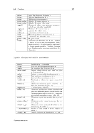 3.3   Fun¸˜es
         co                                                               57


      sum(x)           Soma dos elementos do vector x.
      max(x)           M´ximo dos elementos de x.
                         a
      min(x)           M´ınimo dos elementos de x.
      which.max(x)     O´ ındice do maior valor em x.
      which.min(x)     O´ ındice do menor valor em x.
      range(x)         O range de valores em x (produz o mesmo re-
                       sultado que c(min(x),max(x))).
      length(x)        O n´mero de elementos em x.
                            u
      mean(x)          A m´dia dos valores em x.
                            e
      median(x)        A mediana dos valores em x.
      sd(x)            O desvio padr˜o dos elementos em x.
                                     a
      var(x)           A variˆncia dos elementos em x.
                              a
      quantile(x)      Os quartis de x.
      scale(x)         Normaliza os elementos em x, i.e. subtrai
                       a m´dia e divide pelo desvio-padr˜o, resul-
                            e                             a
                       tando num vector de n´meros com m´dia zero
                                              u             e
                       e desvio-padr˜o unit´rio. Tamb´m funciona
                                     a      a           e
                       com data frames (s´ as colunas num´ricas, ob-
                                          o               e
                       viamente).



Algumas opera¸˜es vectoriais e matem´ticas
             co                     a



      sort(x)             Elementos de x ordenados.
      rev(x)              Inverte a ordem dos elementos em x.
      rank(x)             Faz o ranking dos elementos de x.
      log(x,base)         Calcula o logaritmo na base “base” de todos
                          os elementos de x.
      exp(x)              Calcula o exponencial dos elementos de x.
      sqrt(x)             Raiz quadrada dos elementos de x.
      abs(x)              Valor absoluto dos elementos de x.
      round(x,n)          Arredonda os valores em x para n casas deci-
                          mais.
      cumsum(x)           Obt´m um vector em que o elemento i ´ a
                               e                                    e
                          soma dos elementos x[1] at´ x[i].
                                                     e
      cumprod(x)          O mesmo para o produto.
      match(x,s)          Obt´m um vector com o mesmo tamanho de x,
                               e
                          contendo os elementos de x que pertencem a s.
                          Os elementos que n˜o pertencem a s aparecem
                                             a
                          no resultado assinalados com o valor NA.
      union(x,y)          Obt´m um vector com a uni˜o dos vectores x
                               e                       a
                          e y.
      intersect(x,y)      Obt´m um vector com a intersec¸˜o dos vec-
                               e                             ca
                          tores x e y.
      setdiff(x,y)        Obt´m um vector resultante de retirar os ele-
                               e
                          mentos de y do vector x.
      is.element(x,y)     Retorna o valor TRUE se x est´ contido no
                                                            a
                          vector y.
      choose(n,k)         Calcula o n´mero de combina¸˜es k, n a n.
                                       u                 co



´
Algebra Matricial
 