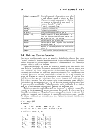 58                                                      3           ¸˜
                                                            PROGRAMACAO EM R


      diag(x,nrow,ncol)      Constr´i uma matriz diagonal com nrow linhas
                                    o
                             e ncol colunas, usando o n´mero x. Tam-
                                                          u
                             b´m pode ser usada para extrair ou substituir
                              e
                             os elementos na diagonal de uma matriz (ver
                             exemplos fazendo “? diag”).
      t(x)                   A matriz transposta de x.
      nrow(x)                N´mero de linhas de x.
                               u
      ncol(x)                N´mero de colunas de x.
                               u
      A %*% B                Multiplica¸˜o matricial de A por B.
                                        ca
      solve(A,b)             Resolve o sistema de equa¸˜es lineares Ax = b.
                                                      co
                             Com um unico argumento (uma matriz) (e.g.
                                       ´
                             solve(A)) calcula a sua inversa.
      qr(x)                  Decomposi¸˜o QR da matriz x.
                                         ca
      svd(x)                 Decomposi¸˜o SVD (singular value decompo-
                                         ca
                             sition) da matriz x.
      eigen(x)               Valores e vectores pr´prios da matriz qua-
                                                    o
                             drada x.
      det(x)                 O determinante da matriz quadrada x.

3.4    Objectos, Classes e M´todos
                            e
Esta sec¸˜o inclui informa¸˜o que sai um pouco fora do ˆmbito introdut´rio deste texto.
         ca                ca                              a               o
De facto, existe muito para dizer sobre estes t´picos no contexto da linguagem R. Todavia,
                                               o
mesmo tratando-se de uma introdu¸˜o, h´ quest˜es relacionadas com estes t´picos que
                                     ca      a       o                           o
qualquer utilizador do R deve conhecer.
    A maioria dos objectos que vimos at´ agora tem uma estrutura relativamente sim-
                                            e
ples. Todavia, ´ poss´ em R constru´ novos tipos (classes) de objectos, usando estes
                e     ıvel               ır
tipos elementares que temos vindo a descrever. Por exemplo, existem fun¸˜es em R que
                                                                             co
retornam como resultado um modelo de um conjunto de dados (por exemplo uma rede
neuronal). Tal objecto tem uma complexidade bem maior do que os que estudamos at´          e
agora, n˜o deixando no entanto de ser um objecto como outro qualquer do ponto de vista
         a
do R. Isto quer dizer que por exemplo pode fazer sentido perguntar ao R qual o conte´do  u
deste objecto complexo. Para tal ser poss´  ıvel, e de forma transparente para o utilizador,
´ conveniente que a pessoa que decidiu criar tais objectos complexos, indique tamb´m ao
e                                                                                     e
R como mostr´-los ao utilizador. Traduzido de outro modo, o utilizador dever´ indicar
               a                                                                   a
ao R um m´todo para mostrar um objecto da classe que acabou de criar.
             e
    Muita desta aparente complexidade, pode ser “escondida” do utilizador comum. Por
exemplo, a fun¸˜o summary() produz um sum´rio do conte´do do objecto que lhe ´
                 ca                                 a            u                         e
fornecido como argumento. O signiﬁcado deste sum´rio, bem como a forma como ele ´
                                                         a                                 e
obtido, est´ em grande parte dependente do tipo de objecto de que queremos o sum´rio.
            a                                                                           a
No entanto o utilizador n˜o precisa de saber isso. Vejamos um exemplo concreto deste
                           a
comportamento,
> x <- rnorm(10)
> summary(x)
   Min. 1st Qu. Median           Mean 3rd Qu.        Max.
-1.3790 -0.2195 -0.1066        0.1157 0.8568       1.3760
> summary(matrix(x, 5, 2))
       V1                    V2
 Min.   :-0.6689       Min.   :-1.37895
 1st Qu.:-0.1069       1st Qu.:-0.25349
 Median :-0.1062       Median :-0.11738
 Mean   : 0.3167       Mean   :-0.08521
 3rd Qu.: 1.0894       3rd Qu.: 0.15905
 Max.   : 1.3758       Max.   : 1.16472
 