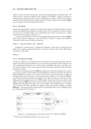 4.1     Carregar dados para o R                                                           65


tabela, no meio de outra informa¸˜o, cujo conte´do gostariamos de importar para o R.
                                 ca            u
Nestes casos ´ necess´rio importar toda a p´gina (em HTML) e depois interpretar o
             e       a                       a
conte´do dessa p´gina para da´ extra´ a informa¸˜o da tabela. Realizar essa tarefa ´
     u           a             ı     ır          ca                                e
poss´ em R, nomeadamente tirando partido de fun¸˜es existentes na package XML,
    ıvel                                            co
mas no entanto sai fora do ˆmbito deste texto.
                           a

4.1.3      Do Excel
Em muitas organiza¸˜es ´ comum usar o Excel para armazenar tabelas de dados. Existem
                    co e
v´rias possibilidades para importar os dados para o R. Um consiste em gravar os dados
 a
do Excel para um ﬁcheiro CSV, com as facilidades que o Excel tem para isso, e depois
usar alguma das fun¸˜es da Sec¸˜o 4.1.1.
                     co        ca
   Uma outra possibilidade ´ utilizar a fun¸˜o read.xls() dispon´ na package gdata.
                             e             ca                   ıvel
Esta fun¸˜o permite explicitar o nome da folha de c´lculo e o n´mero da worksheet
         ca                                           a           u
contendo os dados que pretendemos importar,

dados <- read.xls('dados.xls', sheet=3)

   Finalmente, ´ poss´ usar o clipboard do Windows 13 , para fazer a importa¸˜o dos
                 e     ıvel                                                   ca
dados. Em concreto, podemos seleccionar a tabela de dados no Excel, fazer Edit+Copy,
e depois, j´ no R, fazer:
           a

dados <-

4.1.4      De bases de dados
As bases de dados s˜o as infraestruturas por excelˆncia para armazenar dados, particu-
                    a                                 e
larmente quando de grande dimens˜o, no contexto das organiza¸˜es. Neste contexto, n˜o
                                    a                              co                      a
ser´ surpreendente descobrir que o R tem v´rias facilidades para fazer o interface com
    a                                          a
este tipo de software, tanto para importar dados como para exportar dados do R para
uma base de dados.
     O R tem uma package chamada DBI que implementa uma s´rie de fun¸˜es de interface
                                                                  e          co
com bases de dados. Estas fun¸˜es s˜o independentes do sistema de gest˜o de bases de
                               co     a                                       a
dados (SGBD) que estamos a usar, sendo o seu objectivo exactamente tornar o c´digo em
                                                                                    o
R independente (ou pelo menos o mais poss´     ıvel) desse software. A men¸˜o ao SGBD a
                                                                             ca
usar ´ feita unicamente quando se faz a liga¸˜o entre o R e esse software, sendo tudo o resto
      e                                     ca
independente de qualquer que seja o SGBD usado. Para tornar tudo isto poss´        ıvel, para
al´m da package DBI, precisamos ainda de outras packages associadas a cada um dos
  e
SGBD’s que pretendemos de facto usar. Por exemplo, se pretendemos fazer o interface
com uma base de dados guardada em Oracle, temos que instalar tamb´m a package   e
ROracle. A ideia geral desta arquitectura de comunica¸˜o entre o R e os SGBD’s pode
                                                            ca
ser melhor descrita pela Figura 7.

                    DBMS ODBC Driver    Protocolo      R ODBC Driver
                      (MyODBC)           ODBC           (RODBC)

         DBMS
        (MySQL)                                        MySQL Driver
                                                        (RMySQL)
                                                                       Database
                                                                       Interface   R
       DBMS                                                              (DBI)
                                                       ORACLE Driver
      (ORACLE)                                           (RORACLE)


        DBMS
        (Xpto)                                          XPTO Driver



           Figura 7: A arquitectura de comunica¸˜o entre o R e diferentes SGBD’s.
                                               ca
 13 Note   que esta estrat´gia ´ espc´
                          e    e     ıﬁca a vers˜es Windows do R.
                                                o
 