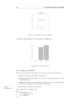 74                                                          4           ¸˜
                                                                                   MANIPULACAO DE DADOS



                                                                Petal.Length




                                                 7
                                                 6
                                                 5
                                                 4
                                                 3
                                                 2
                                                 1




                                            Figura 11: Um gr´ﬁco de caixa de bigodes.
                                                            a


                   > barplot(table(subset(iris, Petal.Width > 1)$Species))
                                                 50
                                                 40
                                                 30
                                                 20
                                                 10
                                                 0




                                                       setosa     versicolor       virginica




                                                 Figura 12: Um gr´ﬁco de barras.
                                                                 a


                   4.4.2      Gr´ﬁcos de 3 Vari´veis
                                a              a
                   As fun¸˜es principais para obter gr´ﬁcos com dados que envolvem 3 vari´veis s˜o:
                         co                           a                                  a      a

                        ˆ   persp() para produzir superf´
                                                        ıcies tridimensionais.
                        ˆ   countour() para produzir gr´ﬁcos com curvas de n´ representando uma super-
                                                       a                    ıvel
                            f´ tridimensional.
                             ıcie
                        ˆ   image() para produzir uma representa¸˜o bidimensional de uma superf´ tridi-
                                                                  ca                           ıcie
                            mensional, usando cores para representar a 3ª dimens˜o.
                                                                                a

Gr´ﬁcos
  a                     Vejamos alguns exemplos da sua utiliza¸˜o.
                                                              ca
tri-dimensionais
                   >   x <- seq(-10, 10, length = 30)
                   >   y <- x
                   >   f <- function(x, y) {
                   +       r <- sqrt(x^2 + y^2)
                   +       10 * sin(r)/r
                   +   }
 
