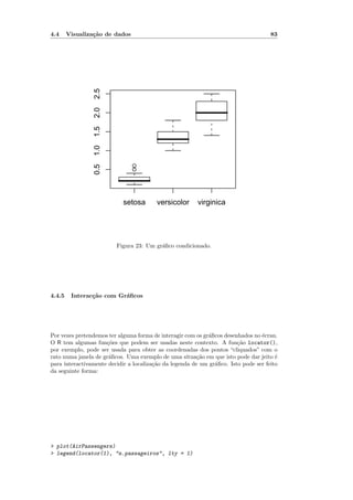 4.4     Visualiza¸˜o de dados
                 ca                                                                  83




                 2.5
                 2.0
                 1.5
                 1.0




                                q
                 0.5




                                q




                            setosa       versicolor      virginica




                         Figura 23: Um gr´ﬁco condicionado.
                                         a




4.4.5    Interac¸˜o com Gr´ﬁcos
                ca        a




Por vezes pretendemos ter alguma forma de interagir com os gr´ﬁcos desenhados no ´cran.
                                                             a                   e
O R tem algumas fun¸˜es que podem ser usadas neste contexto. A fun¸˜o locator(),
                     co                                                 ca
por exemplo, pode ser usada para obter as coordenadas dos pontos “cliquados” com o
rato numa janela de gr´ﬁcos. Uma exemplo de uma situa¸˜o em que isto pode dar jeito ´
                      a                                  ca                            e
para interactivamente decidir a localiza¸˜o da legenda de um gr´ﬁco. Isto pode ser feito
                                        ca                     a
da seguinte forma:




> plot(AirPassengers)
> legend(locator(1), "n.passageiros", lty = 1)
 
