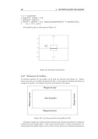 90                                                         4           ¸˜
                                                               MANIPULACAO DE DADOS


>   x <- rnorm(100)
>   boxplot(x, boxwex = 0.5)
>   abline(h = mean(x))
>   text(0.7, mean(x) + 0.5, substitute(paste(bar(x) == sum(frac(x[i],
+       n), i == 1, n))))

     O resultado pode ser observado na Figura 32




                                                       q

                                 2
                                 1




                                             n   xi
                                           x=∑
                                             i=1 n
                                              =
                                 0
                                 −1
                                 −2




                                                       q




                                      Figura 32: F´rmulas matem´ticas.
                                                  o            a


4.4.7    Parˆmetros de Gr´ﬁcos
            a            a
A estrutura gen´rica de um gr´ﬁco em R pode ser descrita pela Figura 33. Assim,
               e              a
temos uma ´rea com o gr´ﬁco propriamente dito, e uma regi˜o circundante que forma as
           a           a                                 a
margens do gr´ﬁco. Ao conjunto chama-se normalmente uma ﬁgura.
             a

                                          Margem de topo
            Margem esquerda




                                                                                  Margem direita




                                           Area do grafico




                                         Margem de baixo


                              Figura 33: A estrutura gen´rica dos gr´ﬁcos em R.
                                                        e           a

   O espa¸o ocupado por cada um destes elementos que formam uma ﬁgura ´ totalmente
          c                                                                e
conﬁgur´vel pela fun¸˜o par(). Esta fun¸˜o permite fazer o setting “permanente” de
        a            ca                    ca
v´rios parˆmetros gr´ﬁcos para o device activo actual. Descrever os in´meros parˆmetros
 a        a         a                                                 u         a
 