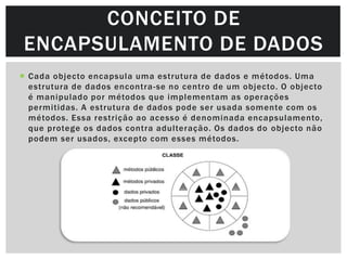CONCEITO DE
ENCAPSULAMENTO DE DADOS
 Cada objecto encapsula uma estrutura de dados e métodos. Uma
  estrutura de dados encontra -se no centro de um objecto. O objecto
  é manipulado por métodos que implementam as operações
  permitidas. A estrutura de dados pode ser usada somente com os
  métodos. Essa restrição ao acesso é denominada encapsulamento,
  que protege os dados contra adulteração. Os dados do objecto não
  podem ser usados, excepto com esses métodos.
 