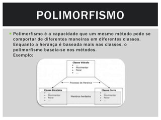 POLIMORFISMO
 Polimorfismo é a capacidade que um mesmo método pode se
  comportar de diferentes maneiras em diferentes classes.
  Enquanto a herança é baseada mais nas classes, o
  polimorfismo baseia-se nos métodos.
  Exemplo:
 