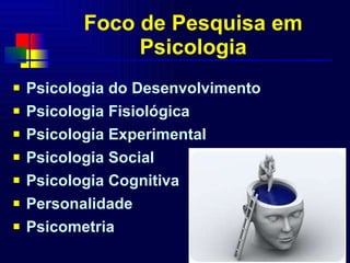 Foco de Pesquisa em Psicologia Psicologia do Desenvolvimento Psicologia Fisiológica Psicologia Experimental Psicologia Social Psicologia Cognitiva Personalidade Psicometria 