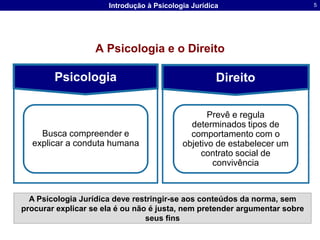 A Psicologia e o DireitoPsicologiaDireitoBusca compreender e explicar a conduta humanaPrevê e regula determinados tipos de comportamento com o objetivo de estabelecer um contrato social de convivênciaA Psicologia Jurídica deve restringir-se aos conteúdos da norma, sem procurar explicar se ela é ou não é justa, nem pretender argumentar sobre seus fins