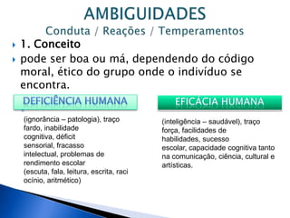  1. Conceito
 pode ser boa ou má, dependendo do código
moral, ético do grupo onde o indivíduo se
encontra.
◦
(ignorância – patologia), traço
fardo, inabilidade
cognitiva, déficit
sensorial, fracasso
intelectual, problemas de
rendimento escolar
(escuta, fala, leitura, escrita, raci
ocínio, aritmético)
(inteligência – saudável), traço
força, facilidades de
habilidades, sucesso
escolar, capacidade cognitiva tanto
na comunicação, ciência, cultural e
artísticas.
 