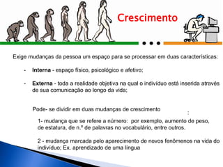Exige mudanças da pessoa um espaço para se processar em duas características:
- Interna - espaço físico, psicológico e afetivo;
- Externa - toda a realidade objetiva na qual o indivíduo está inserida através
de sua comunicação ao longo da vida;
Crescimento
:
1- mudança que se refere a número: por exemplo, aumento de peso,
de estatura, de n.º de palavras no vocabulário, entre outros.
2 - mudança marcada pelo aparecimento de novos fenômenos na vida do
indivíduo; Ex. aprendizado de uma língua
Pode- se dividir em duas mudanças de crescimento
 