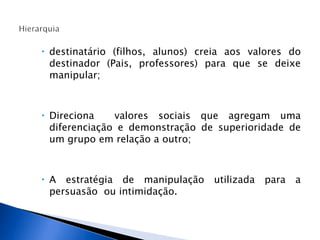  destinatário (filhos, alunos) creia aos valores do
destinador (Pais, professores) para que se deixe
manipular;
 Direciona valores sociais que agregam uma
diferenciação e demonstração de superioridade de
um grupo em relação a outro;
 A estratégia de manipulação utilizada para a
persuasão ou intimidação.
 