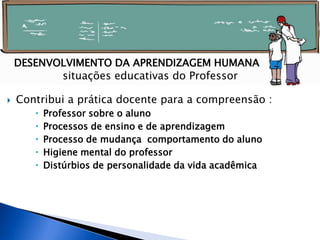  Contribui a prática docente para a compreensão :
 Professor sobre o aluno
 Processos de ensino e de aprendizagem
 Processo de mudança comportamento do aluno
 Higiene mental do professor
 Distúrbios de personalidade da vida acadêmica
DESENVOLVIMENTO DA APRENDIZAGEM HUMANA
situações educativas do Professor
 