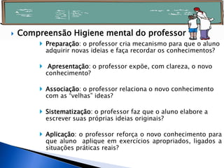  Preparação: o professor cria mecanismo para que o aluno
adquirir novas ideias e faça recordar os conhecimentos?
 Apresentação: o professor expõe, com clareza, o novo
conhecimento?
 Associação: o professor relaciona o novo conhecimento
com as “velhas” ideas?
 Sistematização: o professor faz que o aluno elabore a
escrever suas próprias ideias originais?
 Aplicação: o professor reforça o novo conhecimento para
que aluno aplique em exercícios apropriados, ligados a
situações práticas reais?
 Compreensão Higiene mental do professor
 