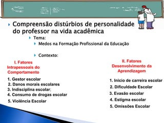  Tema:
 Medos na Formação Profissional da Educação
 Contexto:
 Compreensão distúrbios de personalidade
do professor na vida acadêmica
I. Fatores
Intrapessoais do
Comportamento
II. Fatores
Desenvolvimento da
Aprendizagem
3. Indisciplina escolar;
1. Inicio de carreira escolar1. Gestor escolar
2. Dificuldade Escolar
2. Danos morais escolares
3. Evasão escolar
4. Estigma escolar
5. Omissões Escolar
5. Violência Escolar
4. Consumo de drogas escolar
 