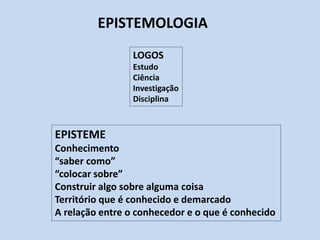 EPISTEMOLOGIA
LOGOS
Estudo
Ciência
Investigação
Disciplina
EPISTEME
Conhecimento
“saber como”
“colocar sobre”
Construir algo sobre alguma coisa
Território que é conhecido e demarcado
A relação entre o conhecedor e o que é conhecido
 