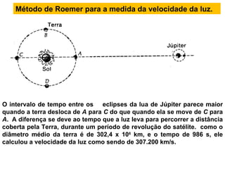 O intervalo de tempo entre os     eclipses da lua de Júpiter parece maior quando a terra desloca de  A  para  C  do que quando ela se move de  C  para  A .  A diferença se deve ao tempo que a luz leva para percorrer a distância coberta pela Terra, durante um período de revolução do satélite.   como o diâmetro médio da terra é de 302,4 x 10 6  km, e o tempo de 986 s, ele calculou a velocidade da luz como sendo de 307.200 km/s.   Método de Roemer para a medida da velocidade da luz.  