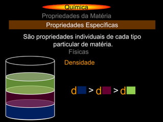 Química
      Propriedades da Matéria
       Propriedades Específicas
São propriedades individuais de cada tipo
          particular de matéria.
                Físicas
              Densidade



                d     >d       >d
 