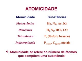 ATOMICIDADE
Atomicidade

Substâncias

Monoatômica

He, Ne, Ar, Kr

Diatômica

H2, N2, HCl, CO

Tetratômica

P4 (fósforo branco)

Indeterminada

P(verm), C(graf), metais

 Atomicidade se refere ao número de átomos
que compõem uma substância

 