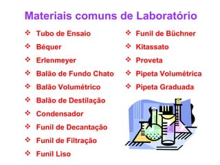 Materiais comuns de Laboratório
 Tubo de Ensaio

 Funil de Büchner

 Béquer

 Kitassato

 Erlenmeyer

 Proveta

 Balão de Fundo Chato

 Pipeta Volumétrica

 Balão Volumétrico

 Pipeta Graduada

 Balão de Destilação
 Condensador
 Funil de Decantação
 Funil de Filtração
 Funil Liso

 