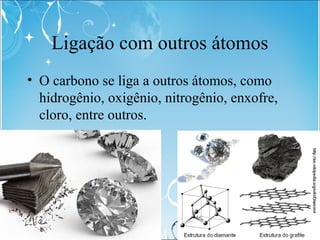 Ligação com outros átomos
• O carbono se liga a outros átomos, como
hidrogênio, oxigênio, nitrogênio, enxofre,
cloro, entr...