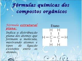 Fórmula estrutural
plana:
Indica a distribuição
plana dos átomos que
formam a molécula,
mostrando átomos e
tipos de ligaçã...