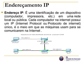 Endereçamento IP
 Endereço IP: È uma identificação de um dispositivo
(computador, impressora, etc.) em uma rede
local ou pública. Cada computador na internet possui
um IP (Internet Protocol ou Protocolo de internet)
único, é o meio em que as máquinas usam para se
comunicarem na Internet .
 