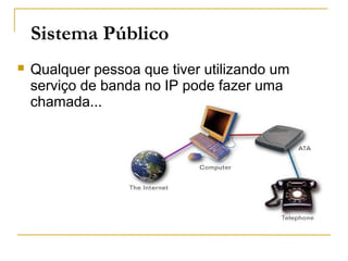 Sistema Público
 Qualquer pessoa que tiver utilizando um
serviço de banda no IP pode fazer uma
chamada...
 