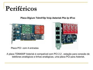 Periféricos
Placa PCI com 4 entradas
Placa DIgium Tdm410p Voip Asterisk Pbx Ip 4Fxo
A placa TDM400P Asterisk é compatível com PCI 2.2 , estação para conexão de
telefones analógicos e linhas analógicas, uma placa PCI para Asterisk.
 