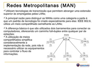 Redes Metropolitanas (MAN)
Utilizam tecnologias de transmissão que permitem abranger uma extensão
superior às empregadas pelas LANs;
A principal razão para distinguir as MANs como uma categoria a parte é
que um padrão de tecnologia foi criado especialmente para elas: IEEE 802.6,
utiliza um meio compartilhado semelhante as LANs;
A diferença básica é que são utilizados dois barramentos para conectar os
computadores, oferecendo um caminho full-duplex entre qualquer par de
estações;
A utilização de meios
compartilhados simplifica
consideravelmente a
implementação da rede, pois não é
necessário utilizar os equipamentos
para controlar o fluxo de
informações.
 