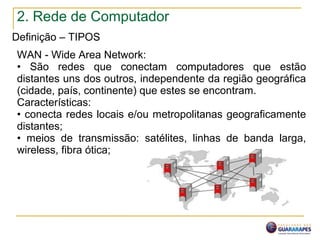2. Rede de Computador
Definição – TIPOS
WAN - Wide Area Network:
• São redes que conectam computadores que estão
distantes uns dos outros, independente da região geográfica
(cidade, país, continente) que estes se encontram.
Características:
• conecta redes locais e/ou metropolitanas geograficamente
distantes;
• meios de transmissão: satélites, linhas de banda larga,
wireless, fibra ótica;
 