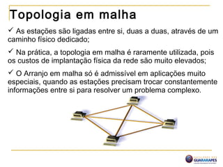 Topologia em malha
 As estações são ligadas entre si, duas a duas, através de um
caminho físico dedicado;
 Na prática, a topologia em malha é raramente utilizada, pois
os custos de implantação física da rede são muito elevados;
 O Arranjo em malha só é admissível em aplicações muito
especiais, quando as estações precisam trocar constantemente
informações entre si para resolver um problema complexo.
 