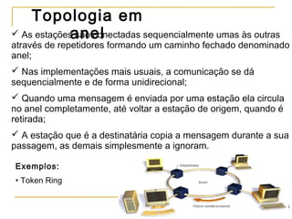 Topologia em
anel As estações são conectadas sequencialmente umas às outras
através de repetidores formando um caminho fechado denominado
anel;
 Nas implementações mais usuais, a comunicação se dá
sequencialmente e de forma unidirecional;
 Quando uma mensagem é enviada por uma estação ela circula
no anel completamente, até voltar a estação de origem, quando é
retirada;
 A estação que é a destinatária copia a mensagem durante a sua
passagem, as demais simplesmente a ignoram.
Exemplos:
• Token Ring
 