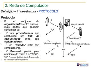 2. Rede de Computador
Definição – Infra-estrutura - PROTOCOLO
Protocolo
• É um conjunto de
regras/acordos entre duas ou
mais partes que desejam
comunicar-se;
• É um procedimento que
estabelece um link de
comunicação entre dois
computadores;
• É um “tradutor” entre dois
computadores.
• O Protocolo padrão para
ambiente de redes é o TCP/IP.
• TCP: Protocolo de Controle de Transmissão
• IP: Protocolo de Interconexão
 