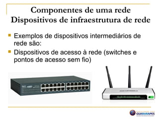 Componentes de uma rede
Dispositivos de infraestrutura de rede
 Exemplos de dispositivos intermediários de
rede são:
 Dispositivos de acesso à rede (switches e
pontos de acesso sem fio)
 