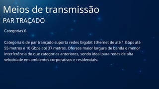 Categorias 6
Categoria 6 de par trançado suporta redes Gigabit Ethernet de até 1 Gbps até
55 metros e 10 Gbps até 37 metros. Oferece maior largura de banda e menor
interferência do que categorias anteriores, sendo ideal para redes de alta
velocidade em ambientes corporativos e residenciais.
Meios de transmissão
PAR TRAÇADO
 