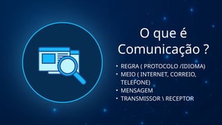 O que é
Comunicação ?
• REGRA ( PROTOCOLO /IDIOMA)
• MEIO ( INTERNET, CORREIO,
TELEFONE)
• MENSAGEM
• TRANSMISSOR  RECEPTOR
 