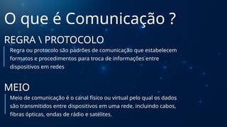 O que é Comunicação ?
REGRA  PROTOCOLO
Regra ou protocolo são padrões de comunicação que estabelecem
formatos e procedimentos para troca de informações entre
dispositivos em redes
Meio de comunicação é o canal físico ou virtual pelo qual os dados
são transmitidos entre dispositivos em uma rede, incluindo cabos,
fibras ópticas, ondas de rádio e satélites.
MEIO
 