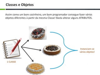 Classes e Objetos
Assim como um bom cozinheiro, um bom programador consegue fazer vários
objetos diferentes à partir da mesma Classe! Basta alterar alguns ATRIBUTOS.

Instanciam-se
vários objetos!

1 CLASSE

 