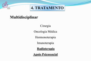 Multidisciplinar
Cirurgia
Oncologia Médica
Hormonoterapia
Imunoterapia
Radioterapia
Apoio Psicossocial
4. TRATAMENTO
 