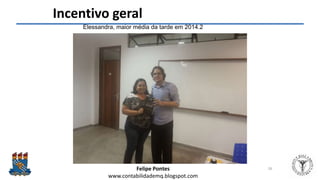 Felipe Pontes
www.contabilidademq.blogspot.com
Incentivo geral
26
Elessandra, maior média da tarde em 2014.2
 